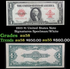 1923 $1 United States Note Grades Choice AU/BU Slider Signatures Speelman/White