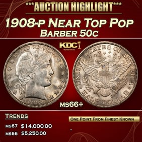 1908-p Barber Half Dollars Near Top Pop 50c ms66+ SEGS