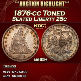 1876-cc Seated Liberty Quarter Toned 25c ms65+ SEGS