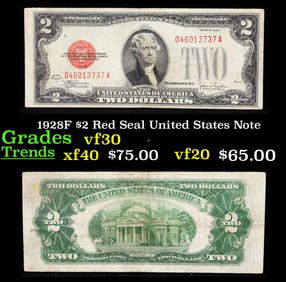 1928F $2 Red Seal United States Note Grades vf++