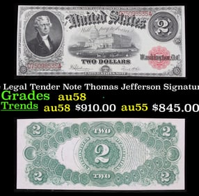 1917 $2 Large Size Legal Tender Note Thomas Jefferson Grades Choice AU/BU Slider Signatures
