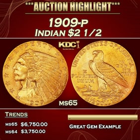 1909-p Gold Indian Quarter Eagle $2 1/2 ms65 SEGS