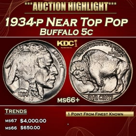 1934-p Buffalo Nickel Near Top Pop 5c ms66+ SEGS