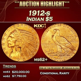 1912-s Gold Indian Half Eagle $5 ms62+ USCG