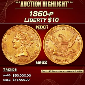 1860-p Gold Liberty Eagle $10 ms62 USCG