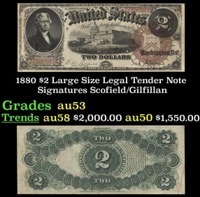1880 $2 Large Size Legal Tender Note Grades Select AU Signatures Scofield/Gilfillan