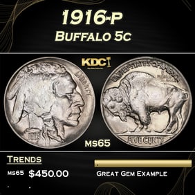 1916-p Buffalo Nickel 5c Grades ms65