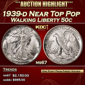 1939-d Walking Liberty Half Dollar Near Top Pop 50c ms67 SEGS