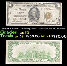 1929 $100 National Currency Federal Reserve Bank of Cleveland Grades Select AU