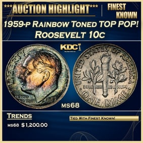 1959-p Roosevelt Dime Rainbow Toned TOP POP! 10c ms68 SEGS