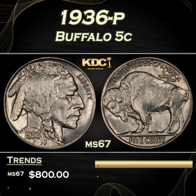 1936-p Buffalo Nickel 5c ms67 SEGS