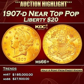 1907-d Gold Liberty Double Eagle Near Top Pop $20 ms66+ SEGS
