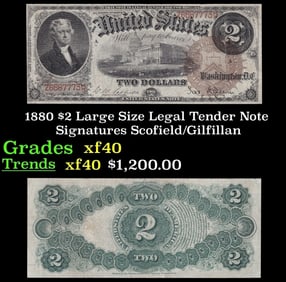 1880 $2 Large Size Legal Tender Note Grades xf Signatures Scofield/Gilfillan