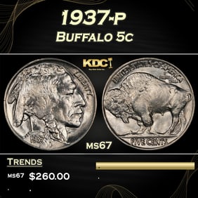 1937-p Buffalo Nickel 5c ms67 SEGS