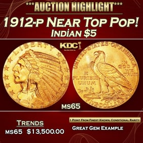 1912-p Gold Indian Half Eagle Near Top Pop! $5 ms65 USCG