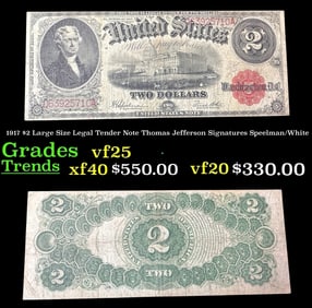 1917 $2 Large Size Legal Tender Note Thomas Jefferson Grades vf+ Signatures Speelman/White