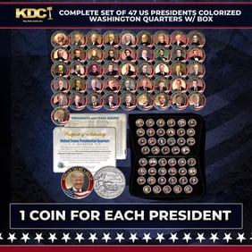 Complete Set of 47 US Presidents Colorized Washington Quarters w/ BOX Other Toy