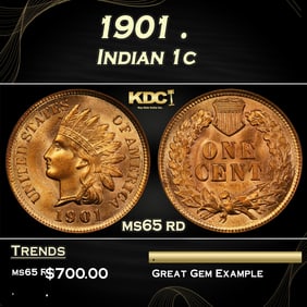 1901 Indian Cent . 1c Grades ms65 rd