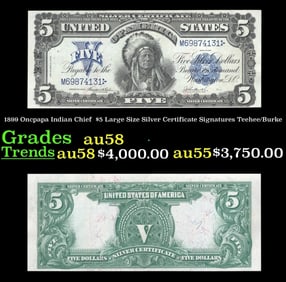 1899 $5 Large Size Silver Certificate Oncpapa Indian Chief Grades Choice AU/BU Slider Signatures