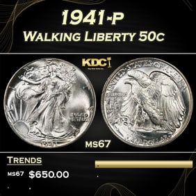 1941-p Walking Liberty Half Dollar 50c ms67 SEGS