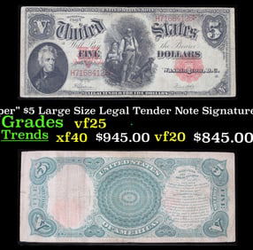 1907 $5 Large Size Legal Tender Note "WoodChopper" Grades vf+ Signatures Speelman/White