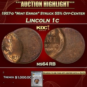PCGS 1957-d *Mint Error* Struck 55% Off-Center Lincoln Cent 1c ms64 RB PCGS