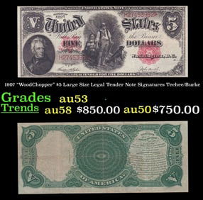 1907 $5 Large Size Legal Tender Note "WoodChopper" Grades Select AU Signatures Teehee/Burke