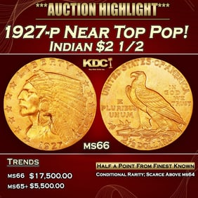 1927-p Gold Indian Quarter Eagle Near Top Pop! $2 1/2 ms66 USCG