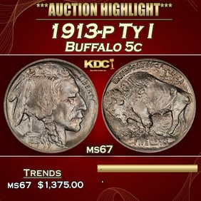 1913-p Ty I Buffalo Nickel 5c ms67 SEGS