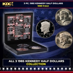 Complete 3 PC. 1985 Kennedy Half Dollar 50c set In Custom Box W/ Special Backer Card BU & Proof