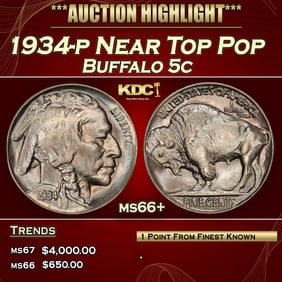 1934-p Buffalo Nickel Near Top Pop 5c ms66+ SEGS