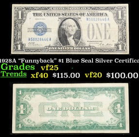 1928A $1 Blue Seal Silver Certificate "Funnyback" Grades vf+