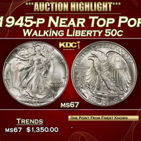 1945-p Walking Liberty Half Dollar Near Top Pop 50c ms67 SEGS