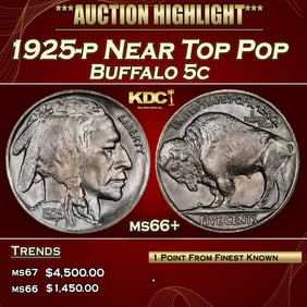 1925-p Buffalo Nickel Near Top Pop 5c ms66+ SEGS