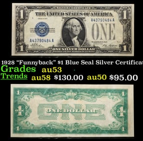1928 $1 Blue Seal Silver Certificate "Funnyback" Grades Select AU