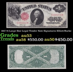 1917 $1 Large Size Legal Tender Note Grades Select AU Signatures Elliott/Burke