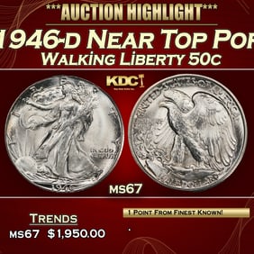 1946-d Walking Liberty Half Dollar Near Top Pop 50c ms67 SEGS