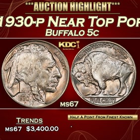 1930-p Buffalo Nickel Near Top Pop 5c ms67 SEGS