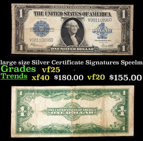 1923 $1 large size Silver Certificate Grades vf+ Signatures Speelman/White