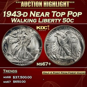 1943-d Walking Liberty Half Dollar Near Top Pop 50c ms67+ SEGS