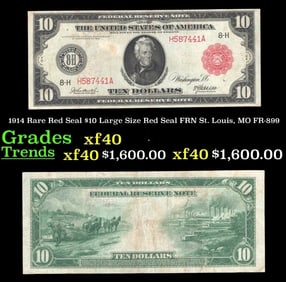 1914 $10 Large Size Red Seal FRN Rare Red Seal St. Louis, MO Grades xf FR-899