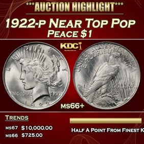 1922-p Peace Dollar Near Top Pop $1 ms66+ SEGS