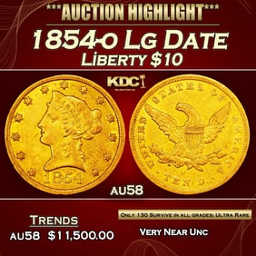 1854-o Lg Date Gold Liberty Eagle $10 au58 SEGS