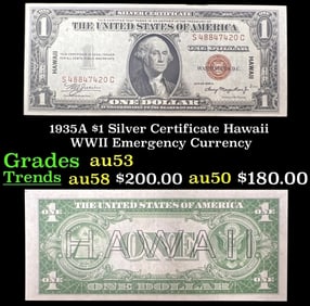 1935A $1 Silver Certificate Hawaii WWII Emergency Currency Grades Select AU