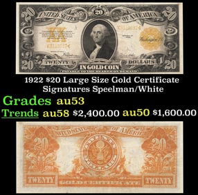 1922 $20 Large Size Gold Certificate Grades Select AU Signatures Speelman/White