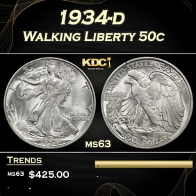 1934-d Walking Liberty Half Dollar 50c Grades ms63