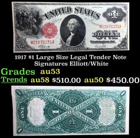 1917 $1 Large Size Legal Tender Note Grades Select AU Signatures Elliott/White