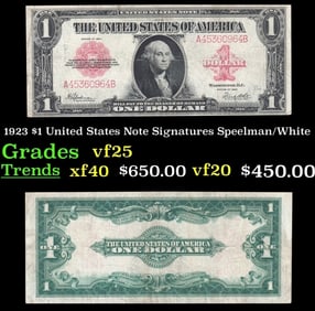 1923 $1 United States Note Grades vf+ Signatures Speelman/White