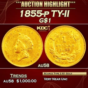 1855-p Gold Dollar TY-II $1 au58 SEGS