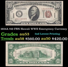 1934A $10 FRN Hawaii WWII Emergency Currency Grades Select AU